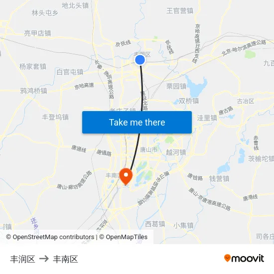 丰润区 to 丰南区 map