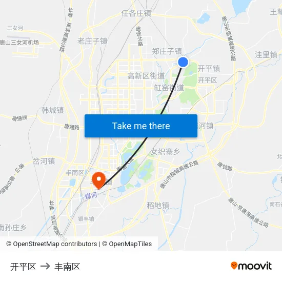 开平区 to 丰南区 map