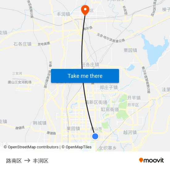 路南区 to 丰润区 map