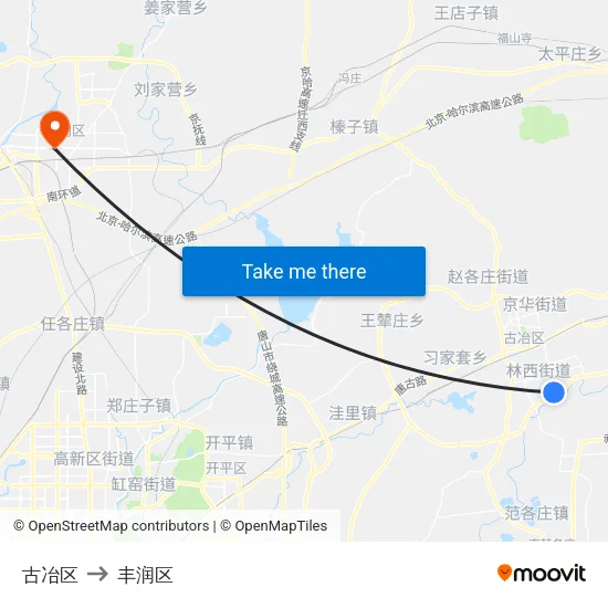 古冶区 to 丰润区 map