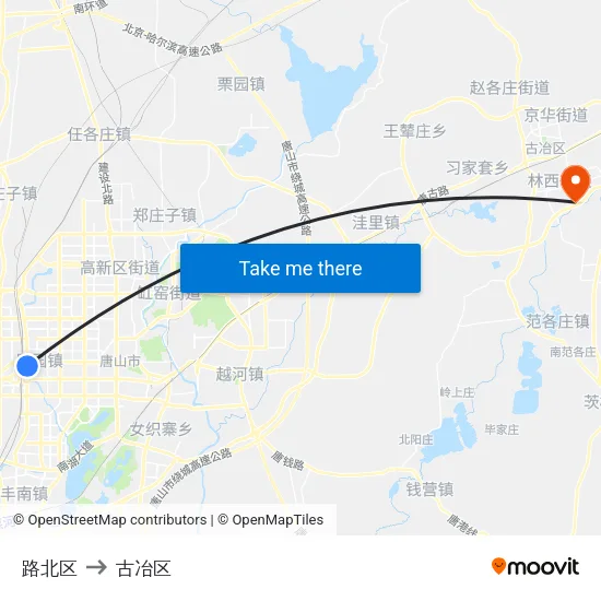 路北区 to 古冶区 map