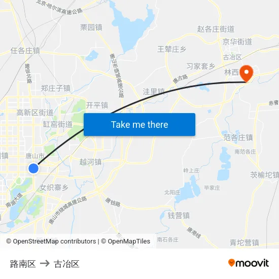 路南区 to 古冶区 map