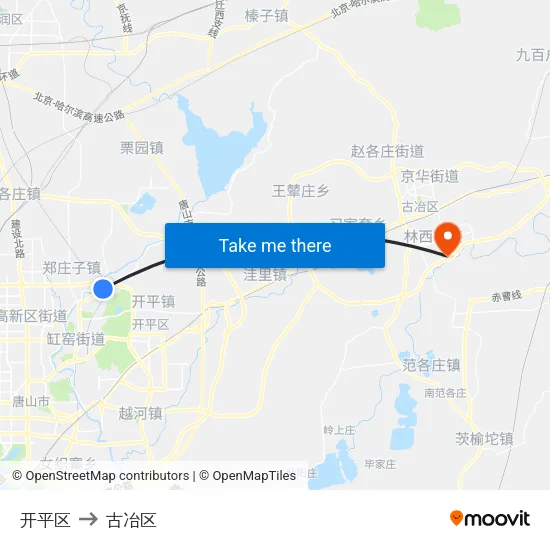 开平区 to 古冶区 map