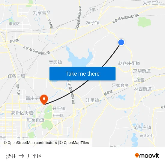 滦县 to 开平区 map