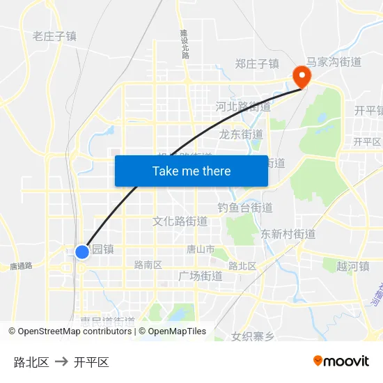 路北区 to 开平区 map