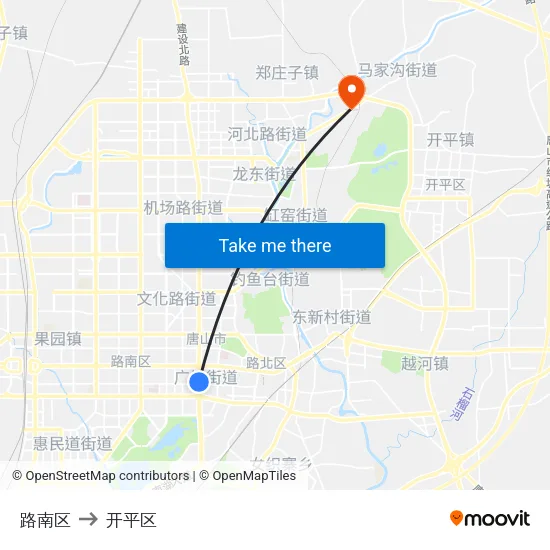 路南区 to 开平区 map