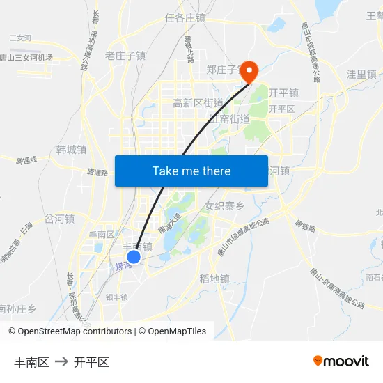 丰南区 to 开平区 map