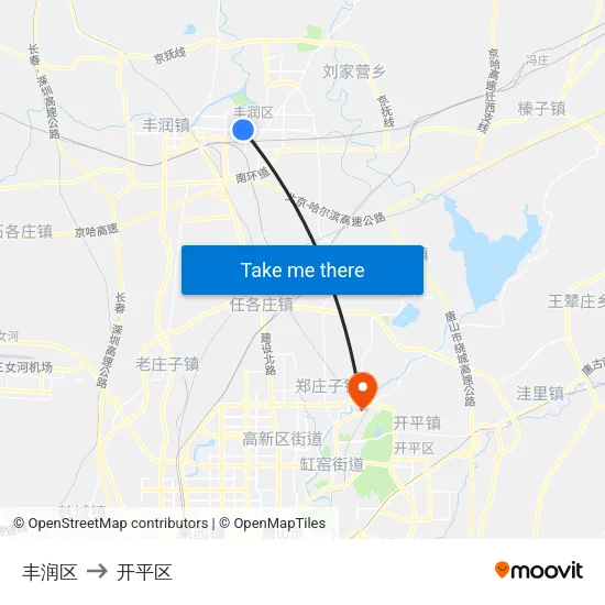 丰润区 to 开平区 map