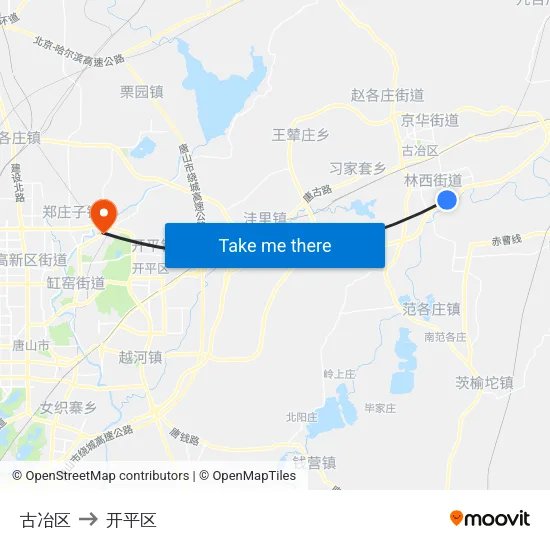古冶区 to 开平区 map