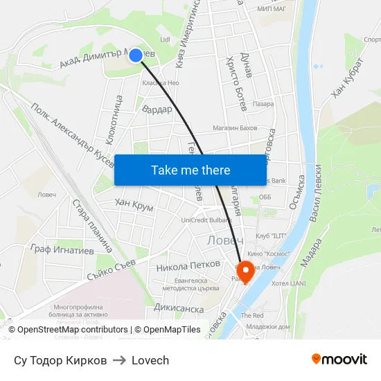 Су Тодор Кирков to Lovech map