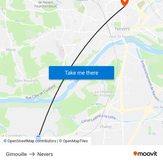 Gimouille to Nevers map