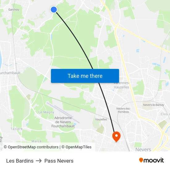 Les Bardins to Pass Nevers map