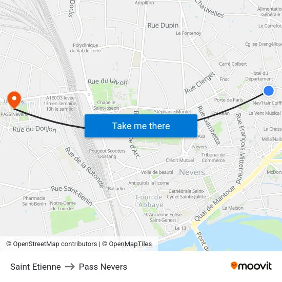 Saint Etienne to Pass Nevers map