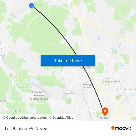 Les Bardins to Nevers map