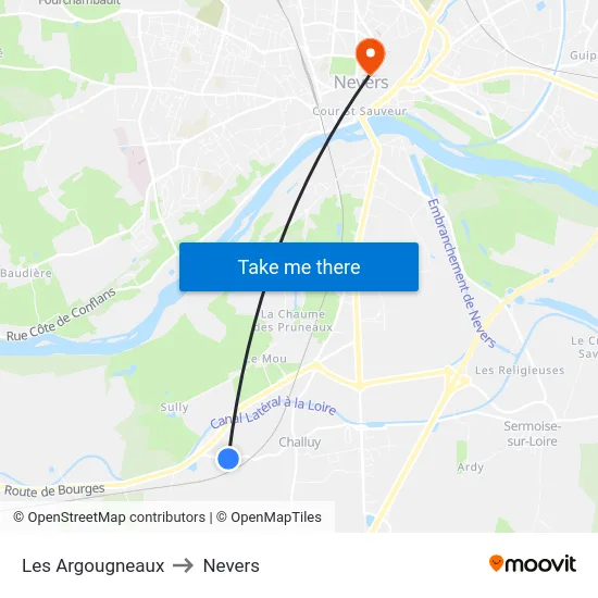 Les Argougneaux to Nevers map