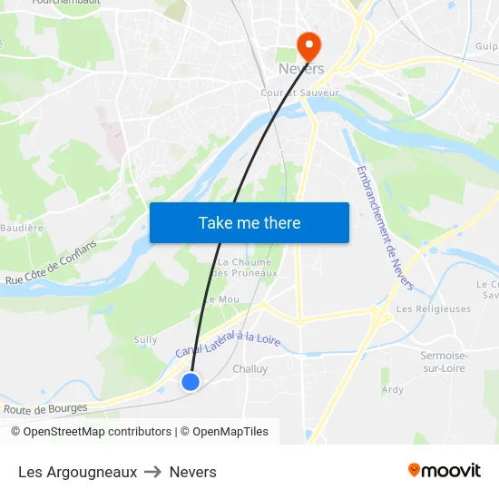Les Argougneaux to Nevers map