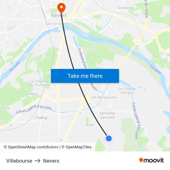 Villebourse to Nevers map