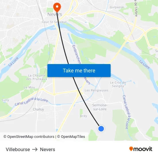 Villebourse to Nevers map