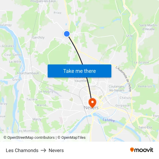 Les Chamonds to Nevers map