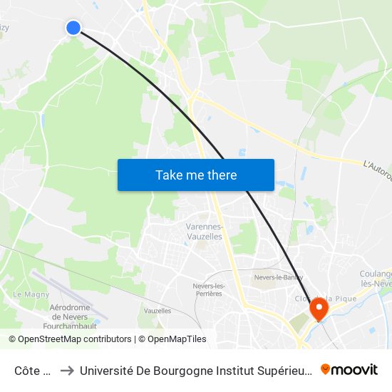 Côte Blanche to Université De Bourgogne Institut Supérieur De L'Automobile Et Des Transports map