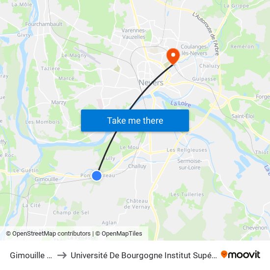 Gimouille Pont Carreau to Université De Bourgogne Institut Supérieur De L'Automobile Et Des Transports map
