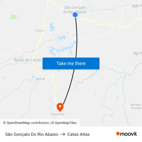 São Gonçalo Do Rio Abaixo to Catas Altas map