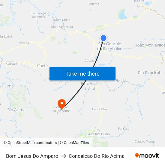 Bom Jesus Do Amparo to Conceicao Do Rio Acima map