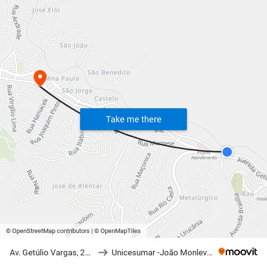 Av. Getúlio Vargas, 2400 to Unicesumar -João Monlevade map