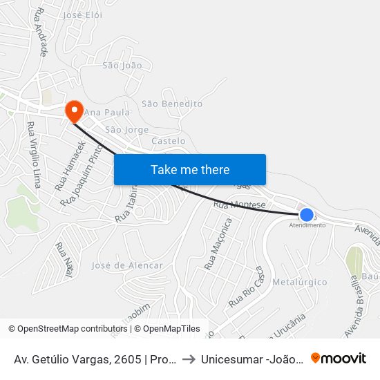 Av. Getúlio Vargas, 2605 | Pronto Atendimento to Unicesumar -João Monlevade map