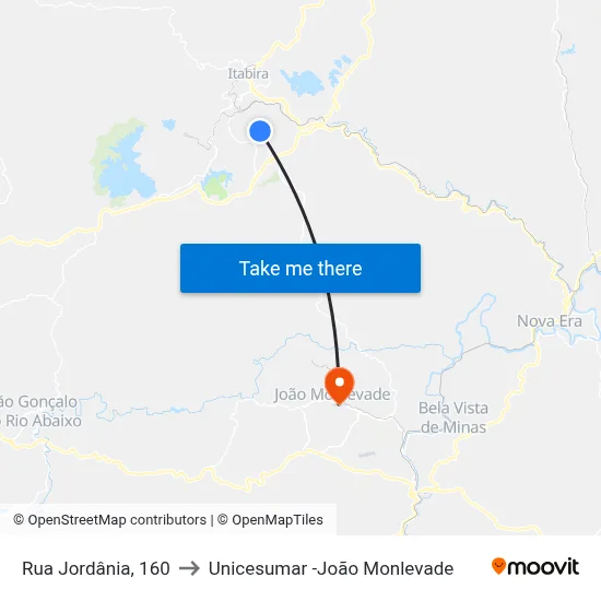 Rua Jordânia, 160 to Unicesumar -João Monlevade map