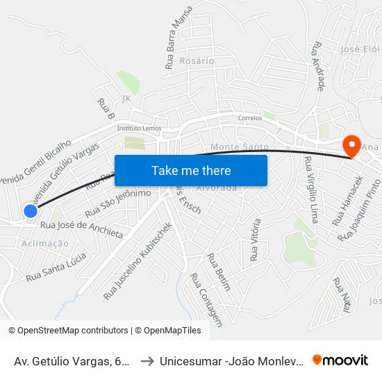 Av. Getúlio Vargas, 6665 to Unicesumar -João Monlevade map