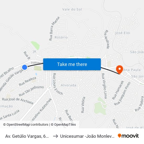 Av. Getúlio Vargas, 6004 to Unicesumar -João Monlevade map