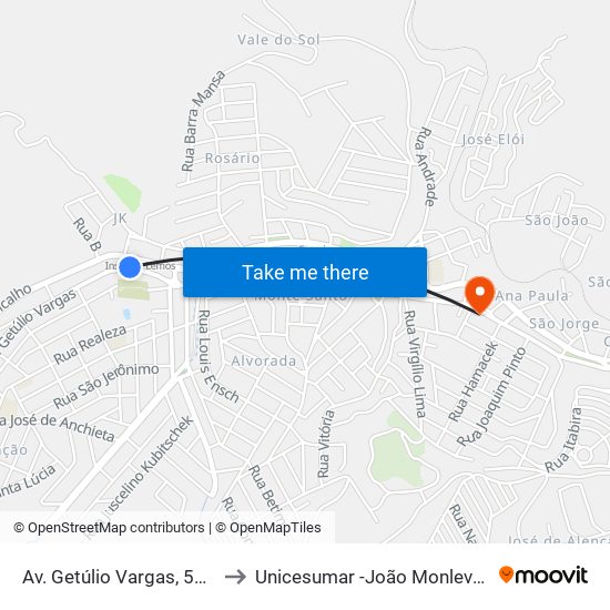 Av. Getúlio Vargas, 5782 to Unicesumar -João Monlevade map