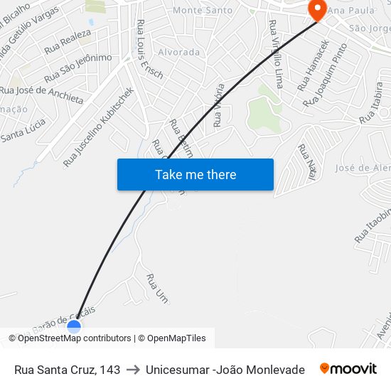 Rua Santa Cruz, 143 to Unicesumar -João Monlevade map