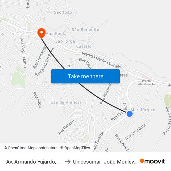 Av. Armando Fajardo, 767 to Unicesumar -João Monlevade map