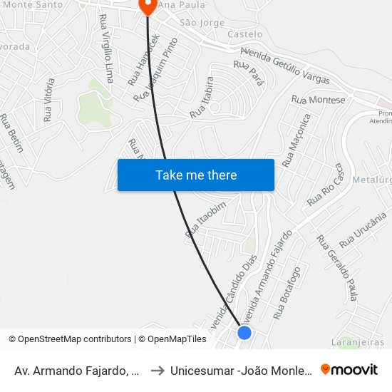 Av. Armando Fajardo, 1907 to Unicesumar -João Monlevade map