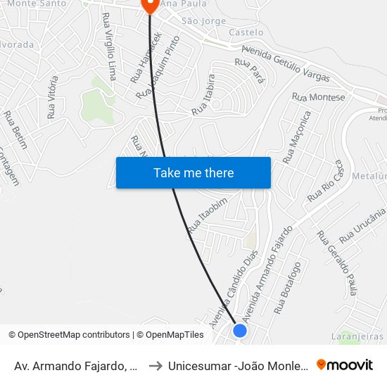 Av. Armando Fajardo, 1954 to Unicesumar -João Monlevade map