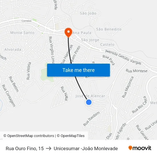 Rua Ouro Fino, 15 to Unicesumar -João Monlevade map