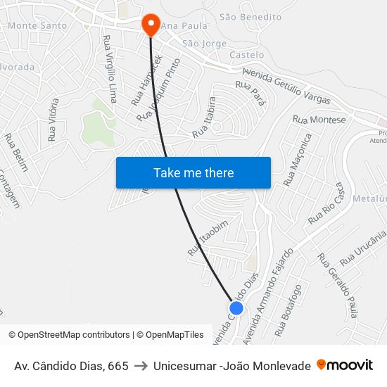 Av. Cândido Dias, 665 to Unicesumar -João Monlevade map