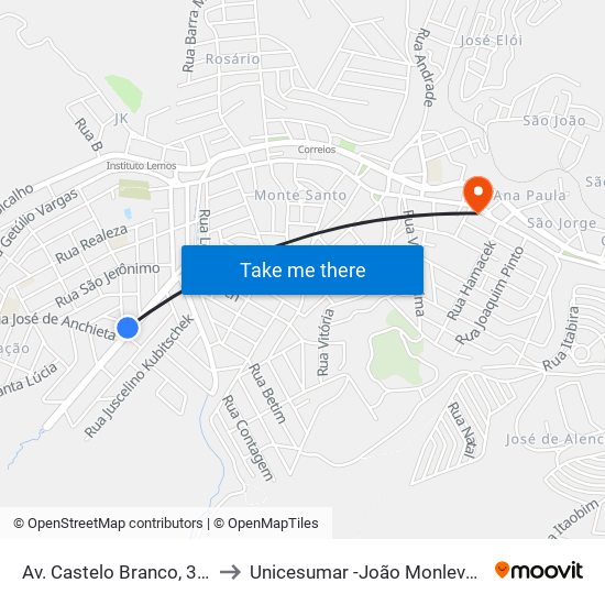 Av. Castelo Branco, 316 to Unicesumar -João Monlevade map