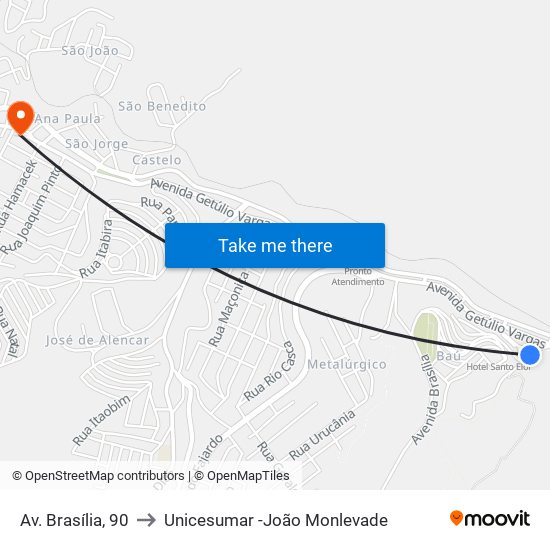 Av. Brasília, 90 to Unicesumar -João Monlevade map