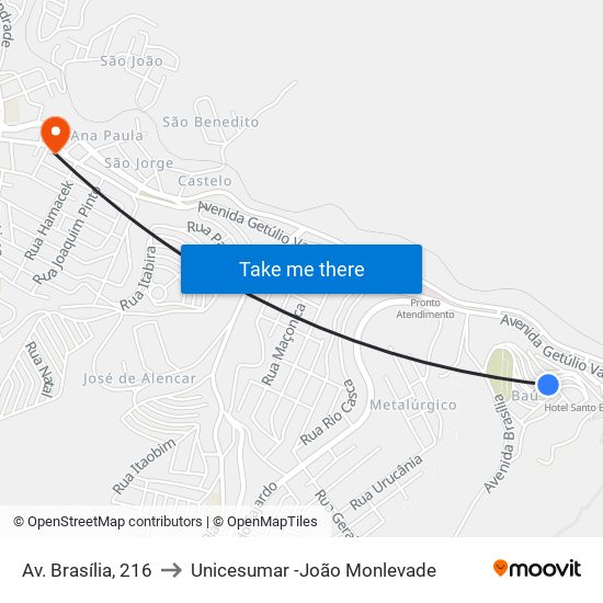 Av. Brasília, 216 to Unicesumar -João Monlevade map
