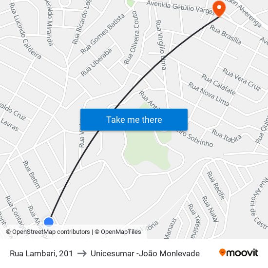 Rua Lambari, 201 to Unicesumar -João Monlevade map