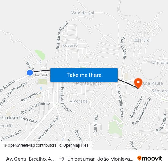 Av. Gentil Bicalho, 412 to Unicesumar -João Monlevade map