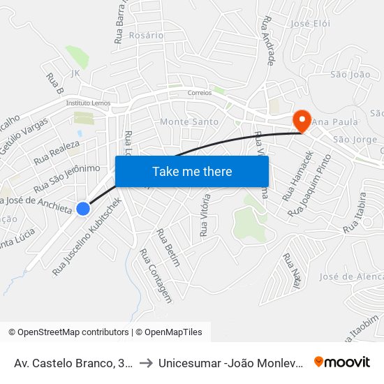 Av. Castelo Branco, 311 to Unicesumar -João Monlevade map