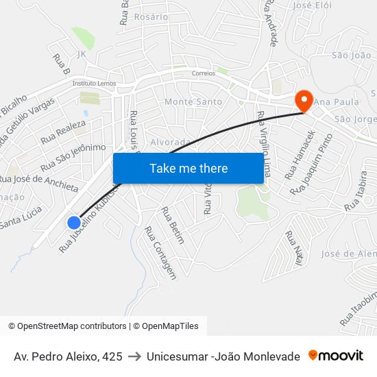 Av. Pedro Aleixo, 425 to Unicesumar -João Monlevade map