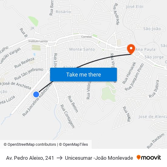 Av. Pedro Aleixo, 241 to Unicesumar -João Monlevade map