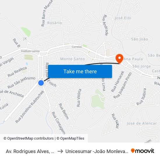 Av. Rodrigues Alves, 45 to Unicesumar -João Monlevade map