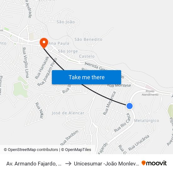 Av. Armando Fajardo, 480 to Unicesumar -João Monlevade map