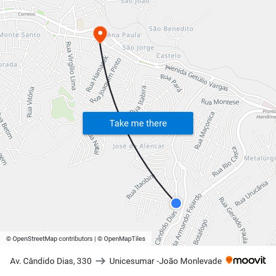 Av. Cândido Dias, 330 to Unicesumar -João Monlevade map